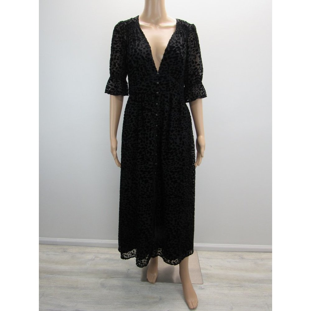 BELLEVUE THE LABEL BLACK VELVET PRINT DEEP  V-NECK MAXI DRESS